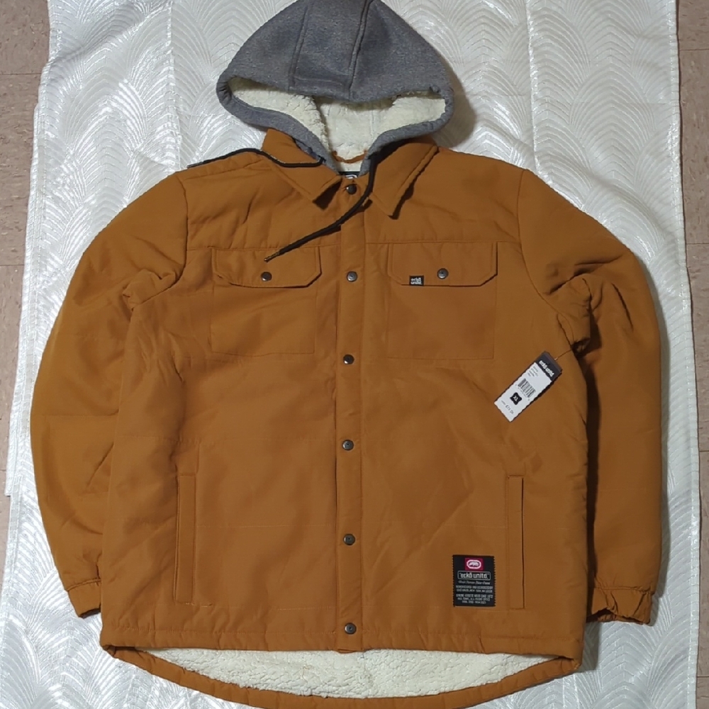 Ecko Unlimited Tan Puffer Jacket with Gray Hood